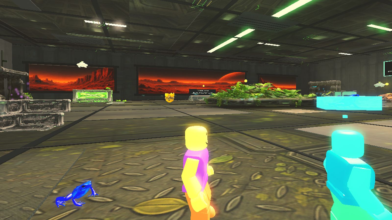 Frogonauts Arcade — a blue poison-dart frog in a neon space habitat with Mars vistas on the walls