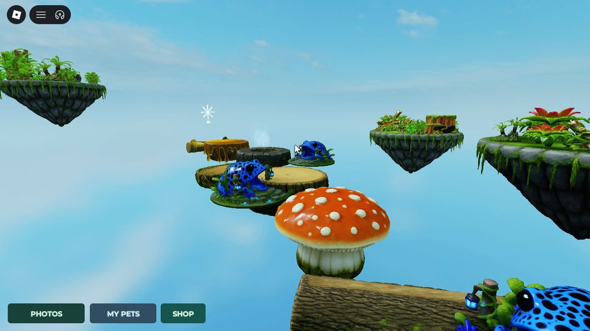 Collect Frogs: Jungle Obby — floating jungle islands with log bridges and blue frogs on lily pads
