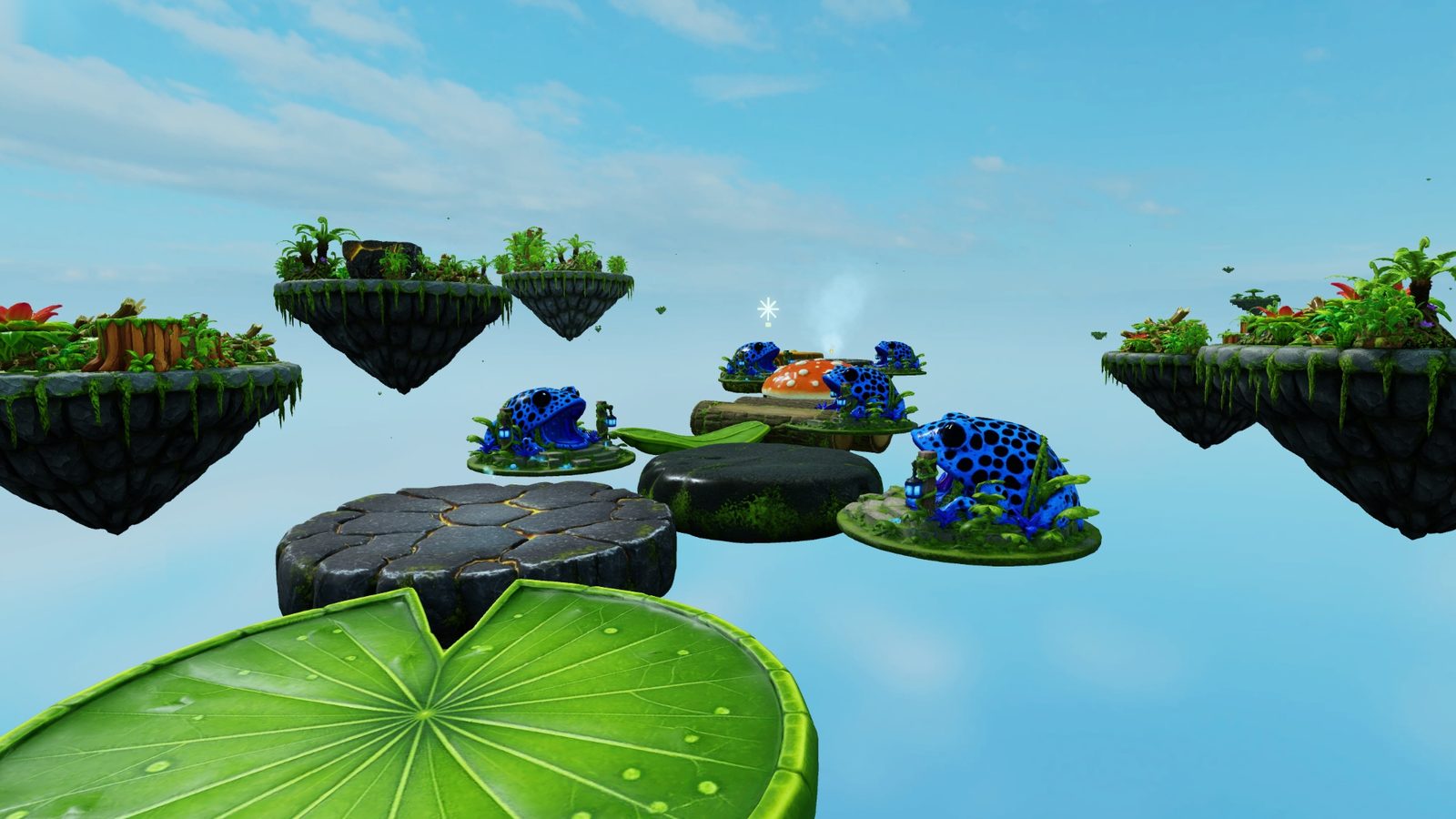 Floating jungle obby islands with giant blue poison-dart frogs resting on lilypads and stone platforms